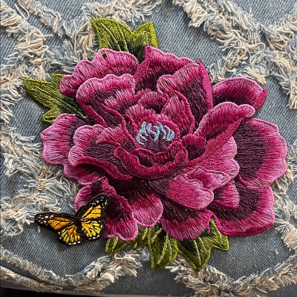 NWOT Embroidered Denim Tote Bag with Floral and Butterfly Design - Picture 3 of 16